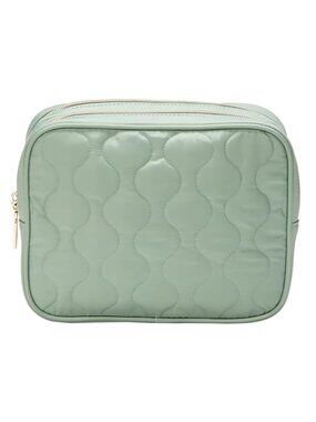 Sage Green Quilted Travel Toiletry Bag Makeup Organizer Dual Zip Compartments